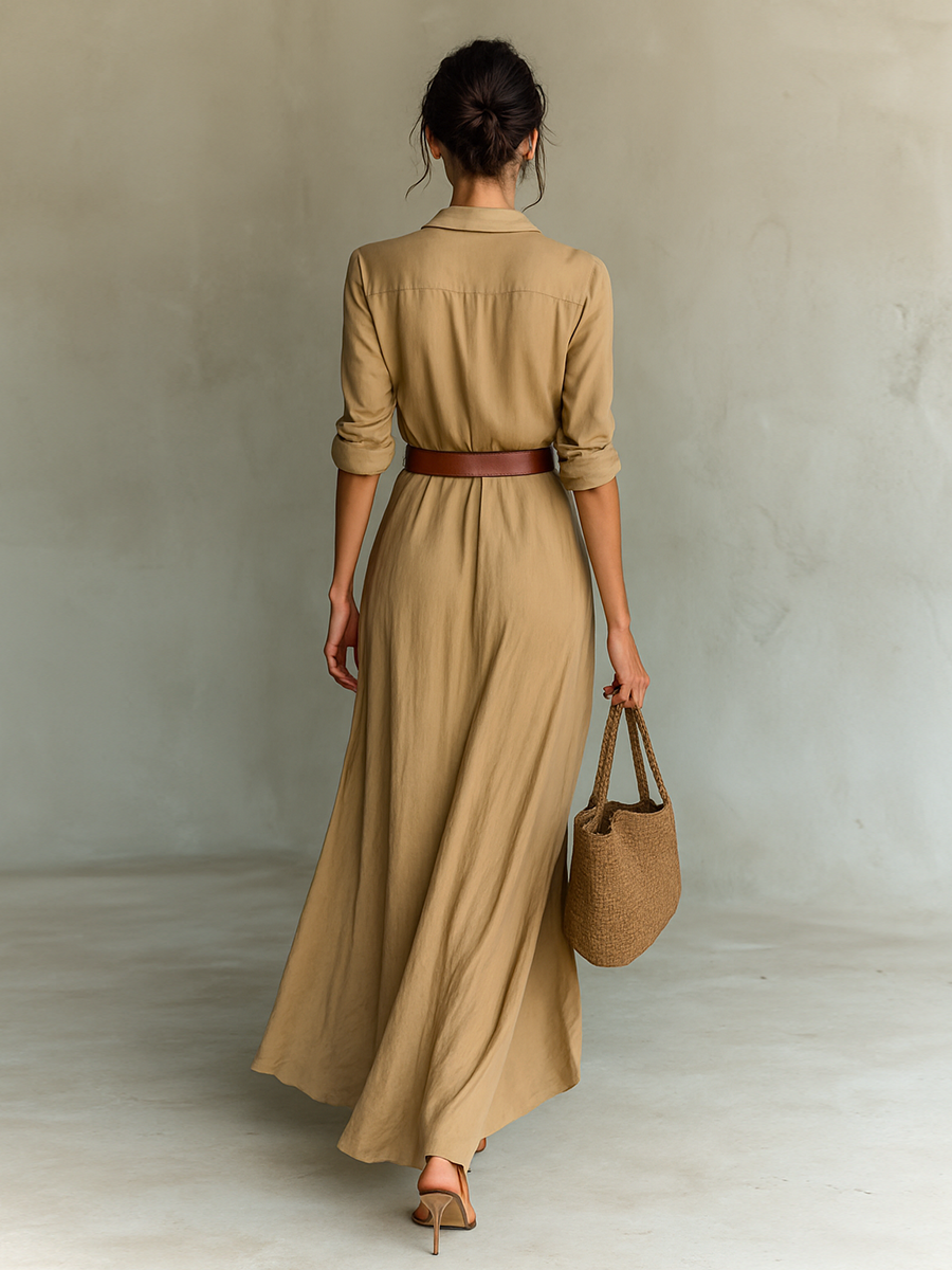 Belvenza | Maxi Abito con Collo a Revers e Maniche Lunghe