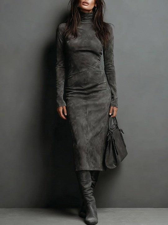 Belvenza | Abito Midi in Suede con Maniche Lunghe
