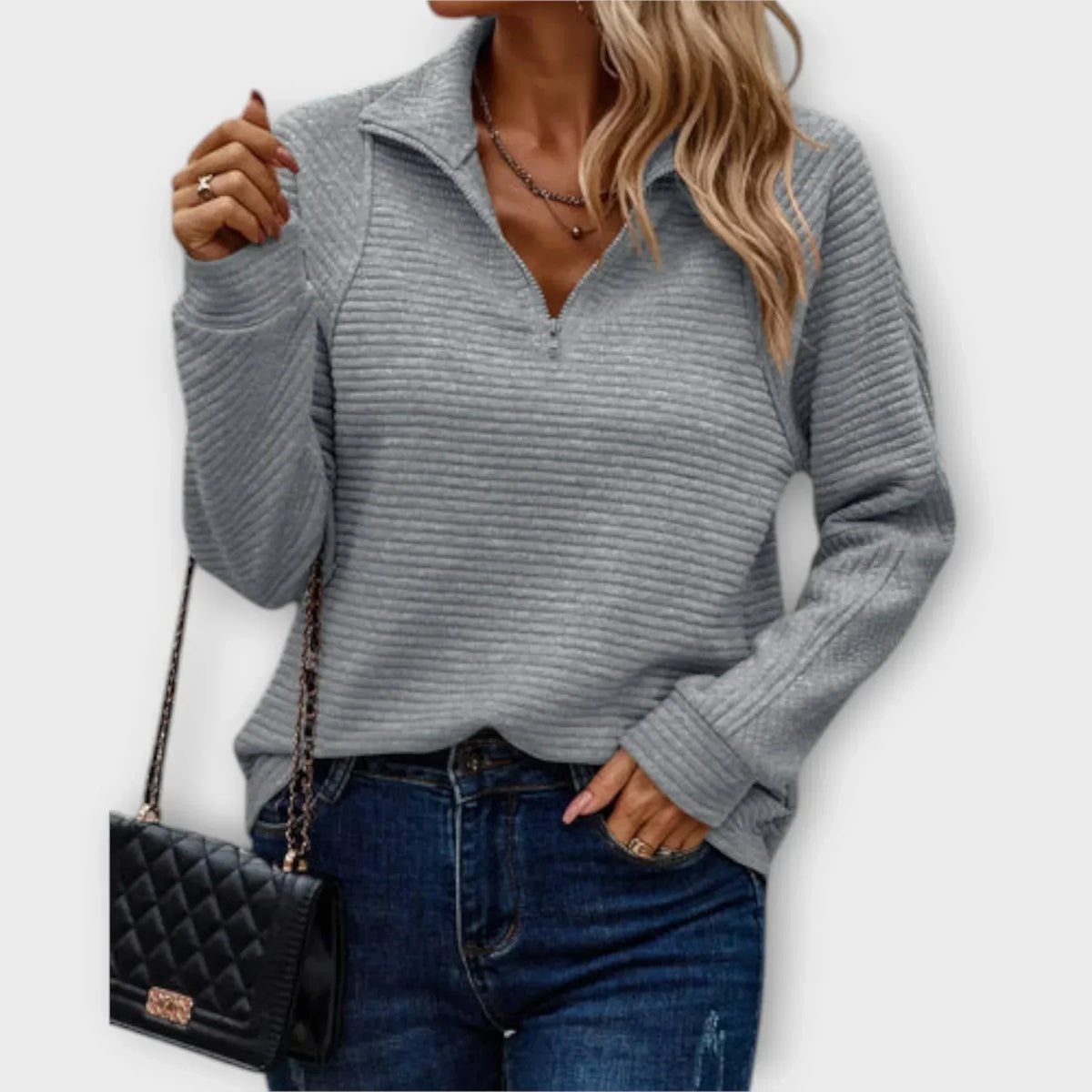 Belvenza | Pullover a Mezzo Zip in Maglia Grigia