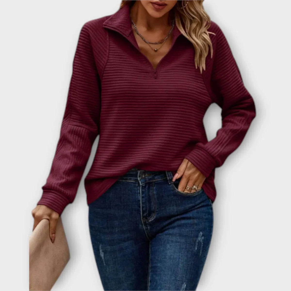 Belvenza | Pullover a Mezzo Zip in Maglia Grigia