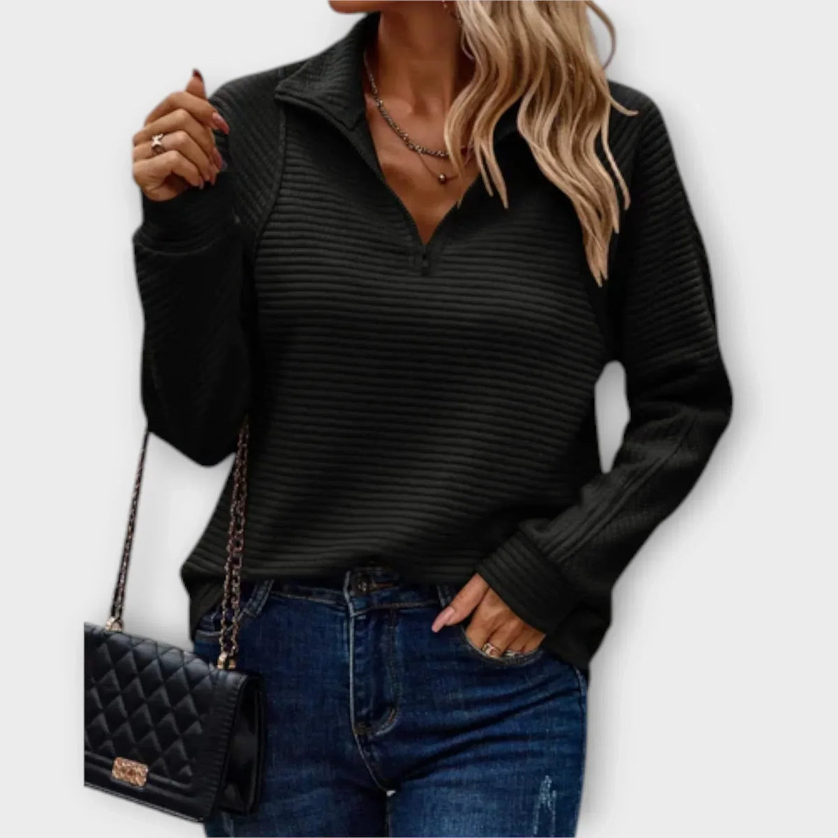 Belvenza | Pullover a Mezzo Zip in Maglia Grigia