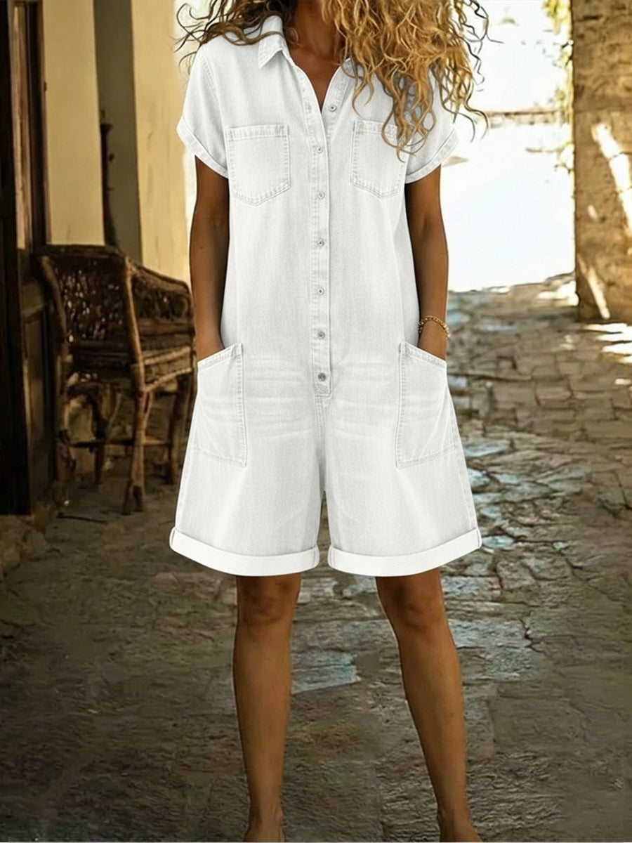 Belvenza | Salopette Corta in Denim di Cotone Blu
