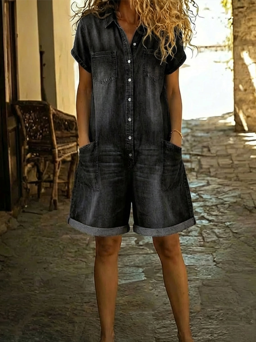 Belvenza | Salopette Corta in Denim di Cotone Blu