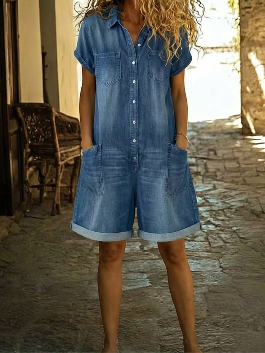 Belvenza | Salopette Corta in Denim di Cotone Blu