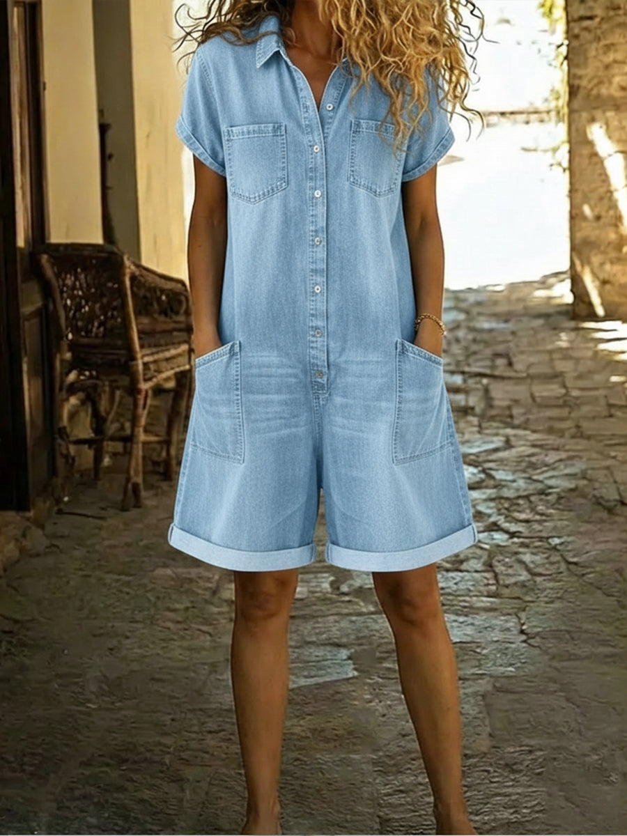 Belvenza | Salopette Corta in Denim di Cotone Blu